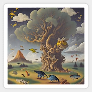 Metamorphosis Skies: A Surreal Landscape of Birds, Fish, and Reptiles in Transformation Sticker